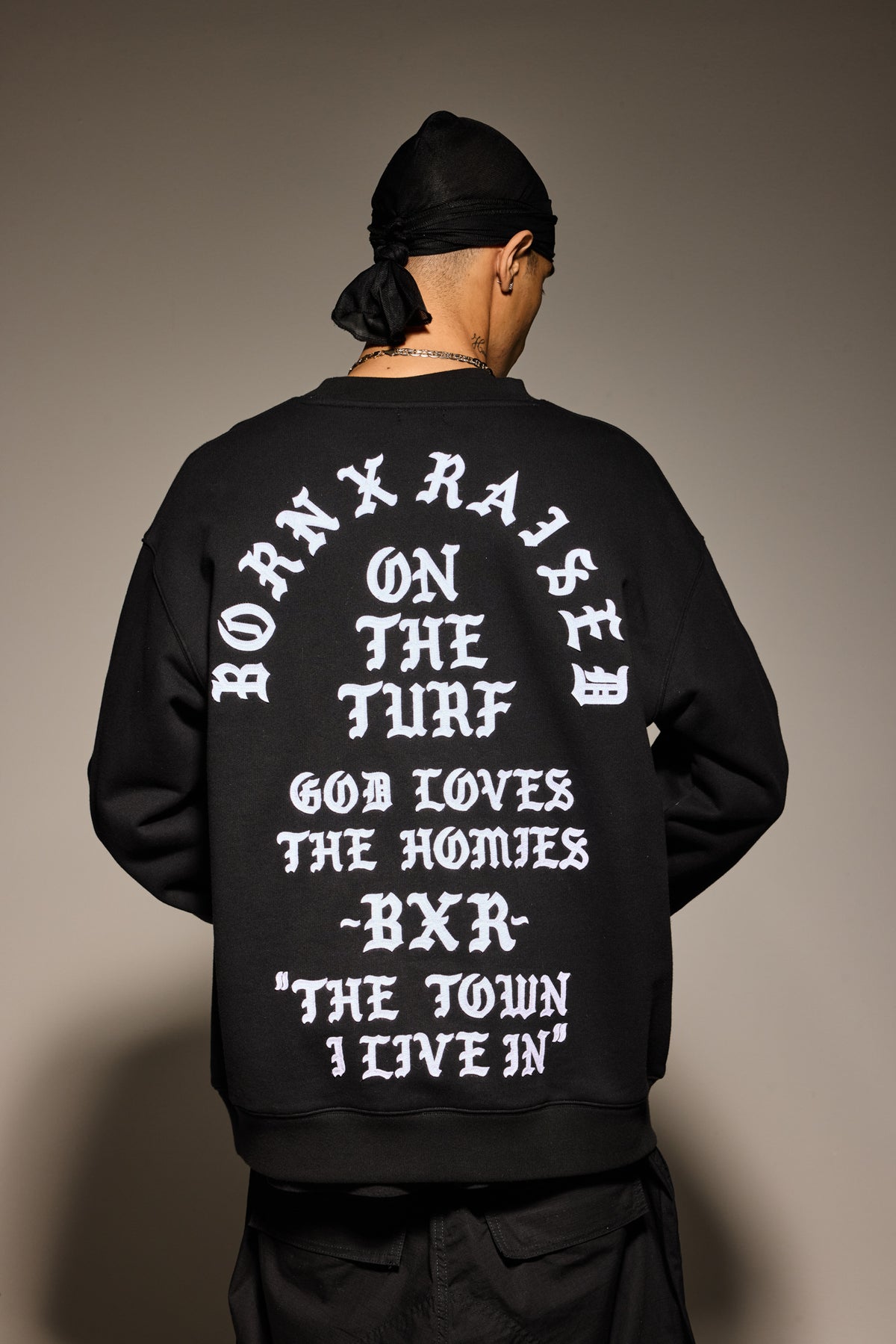 BORN X RAISED THE TOWN FELT LETTER CREWNECK