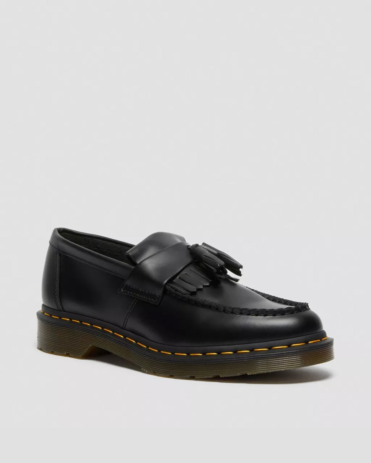 DR.MARTENS ADRIAN YELLOW STITCH LEATHER TASSEL BLACK LOAFERS