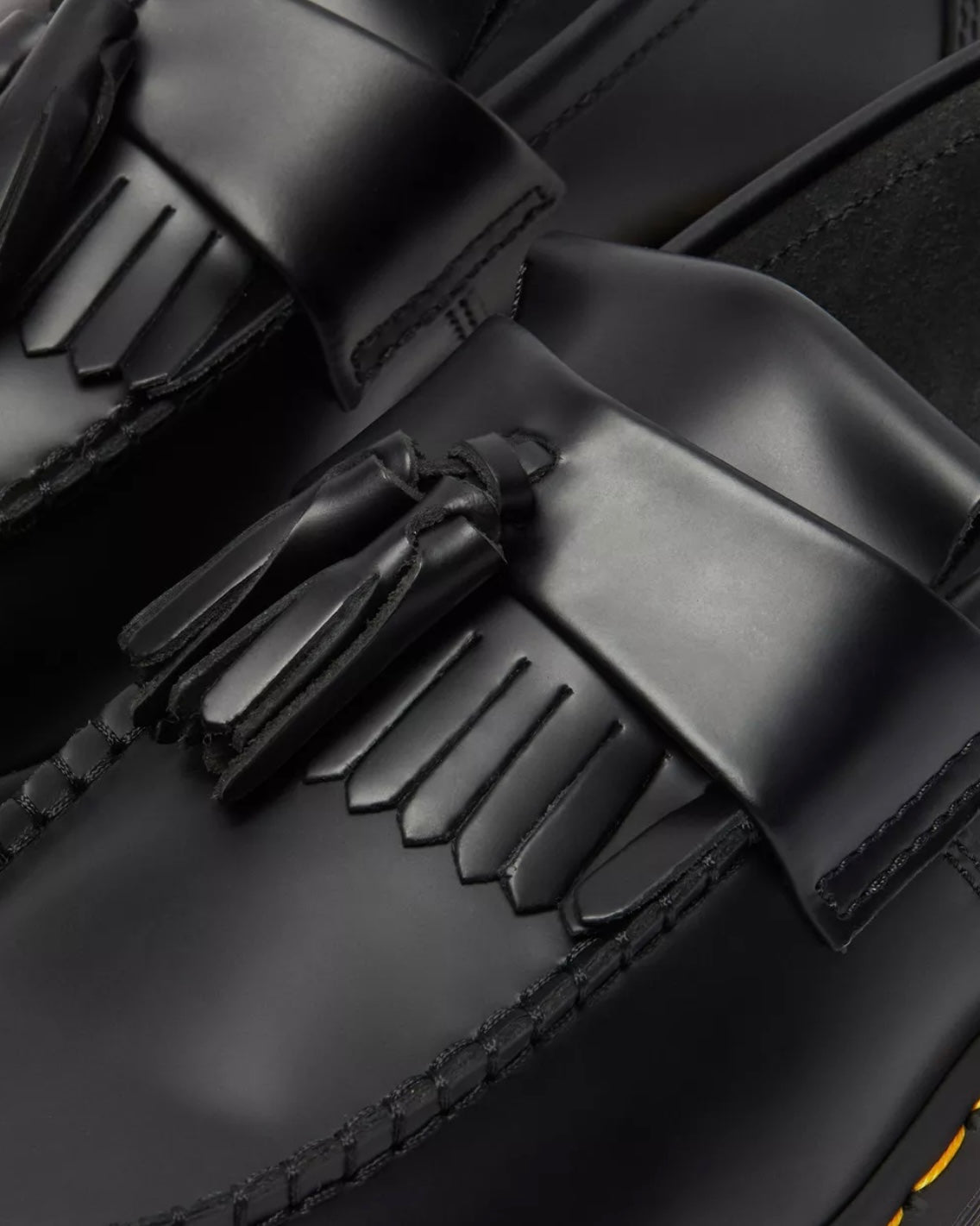 DR.MARTENS ADRIAN YELLOW STITCH LEATHER TASSEL BLACK LOAFERS