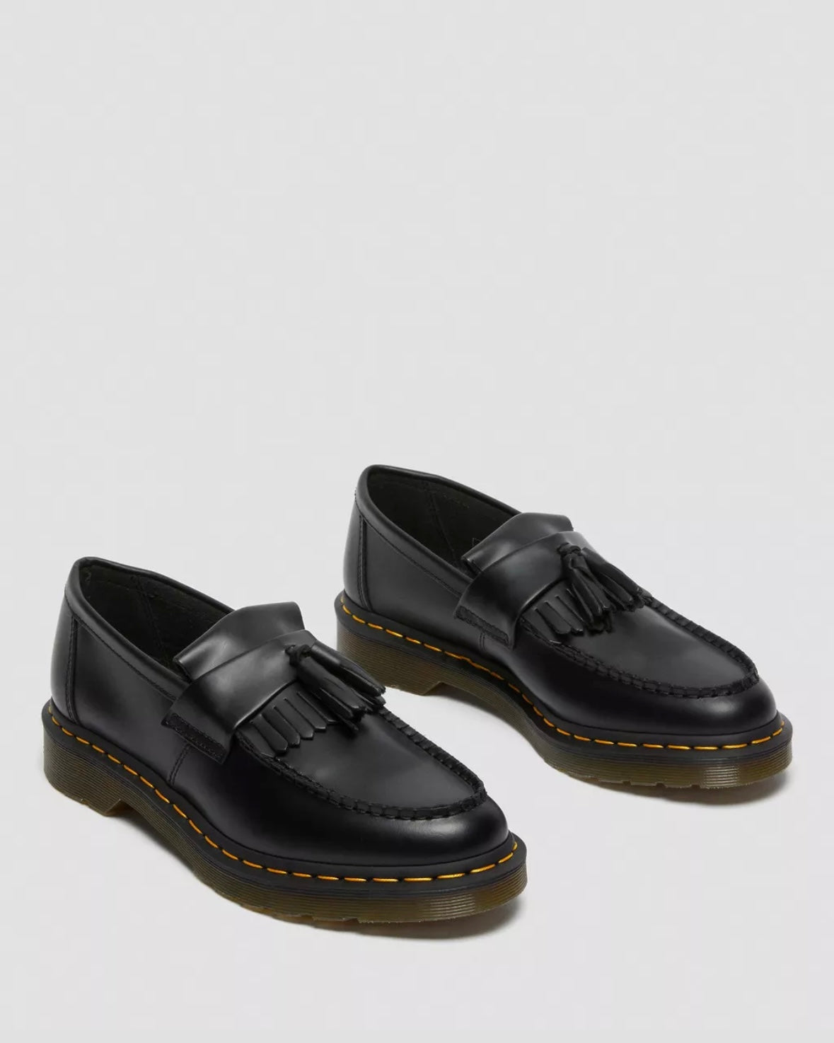 DR.MARTENS ADRIAN YELLOW STITCH LEATHER TASSEL BLACK LOAFERS