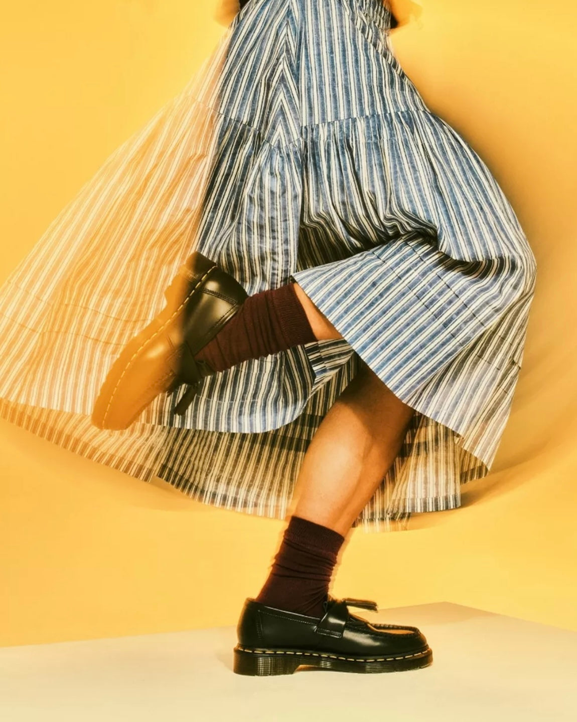 DR.MARTENS ADRIAN YELLOW STITCH LEATHER TASSEL BLACK LOAFERS