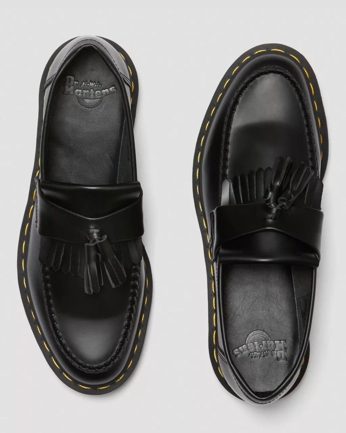 DR.MARTENS ADRIAN YELLOW STITCH LEATHER TASSEL BLACK LOAFERS