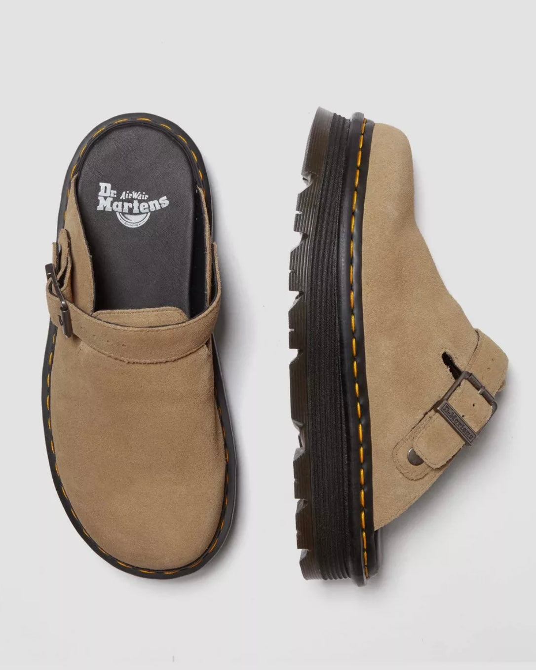 DR.MARTENS ZEBZAG SAVANNAH TAN SUEDE SINGBLACK PLATFORM MULES